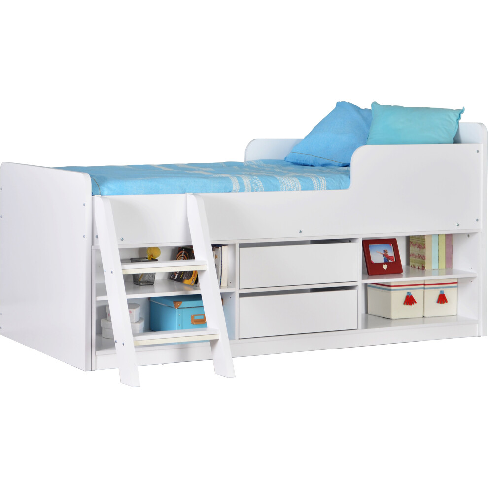 Childrens Felix Low Sleeper Bed with Storage Shelves & Drawers - Oak Grey White