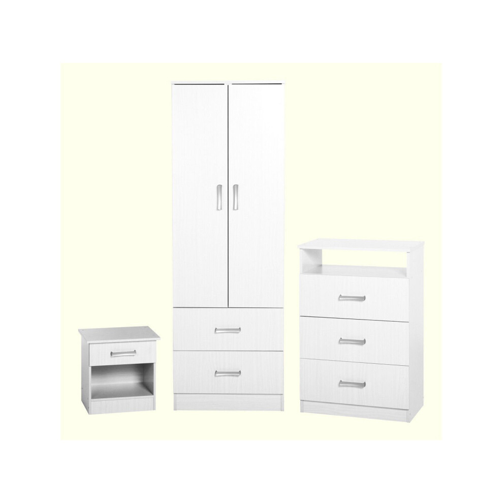 Seconique Polar 3 Piece White Bedroom Set - Wardrobe, 3 Drawer Chest, Bedside Cabinet