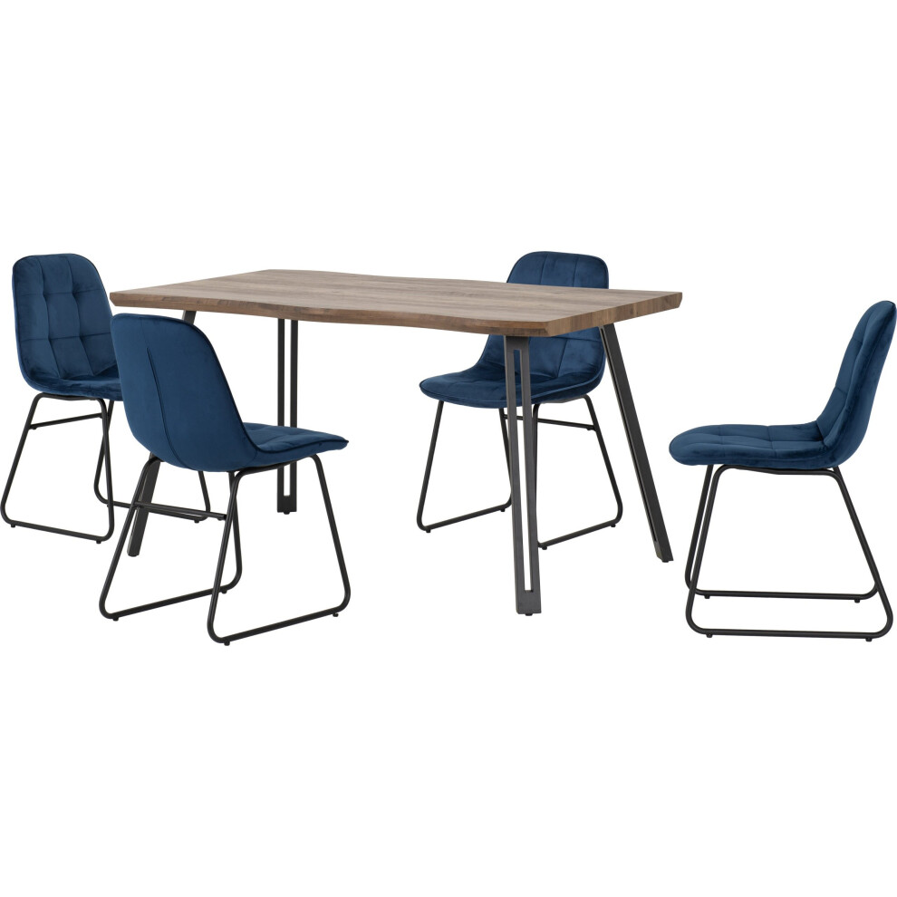 Quebec Wave Edge Dining Table + 4 Lucas Chairs Set - Oak Effect & Blue Velvet