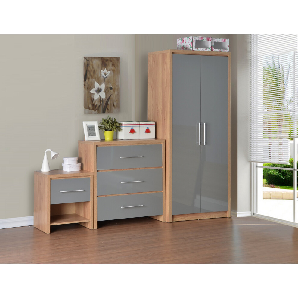 Seconique Seville Grey Gloss & Oak 3 Piece Bedroom Set - Wardrobe, Drawers & Bedside Cabinet