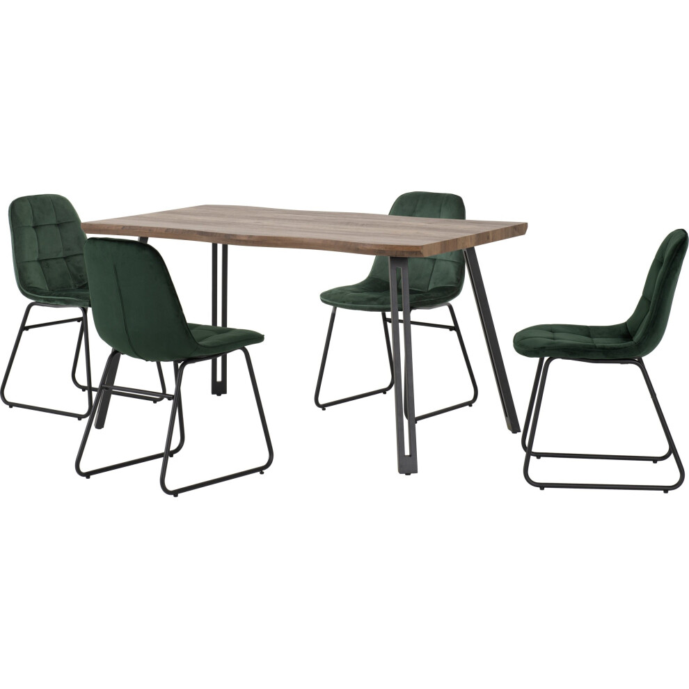 Quebec Wave Edge Dining Table + 4 Lucas Chairs Set - Oak Effect & Green Velvet