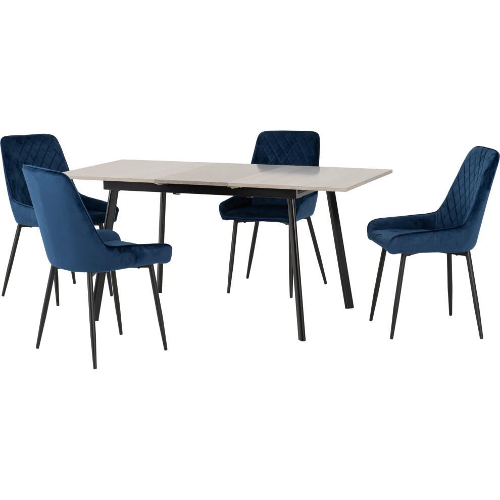 Avery Extending Dining Table + 4 Chairs Set - Concrete & Sapphire Blue Velvet