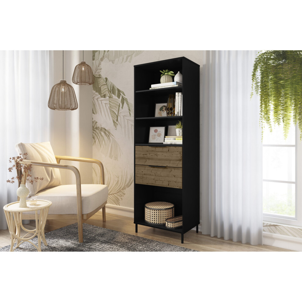 Seconique Madrid 2 Drawer 4 Shelf Bookcase Shelving Unit - Black & Acacia Effect