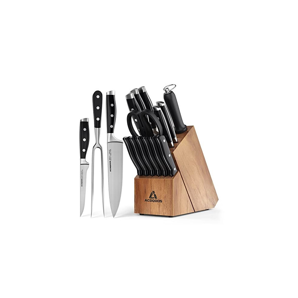 Knife Sets with Block, Kitchen Knife Set 17 Pcs with Boning Knife and Carving Fork by ACOQOOS