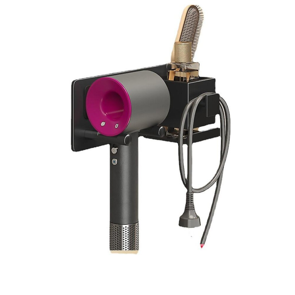 (Black) Bathroom Hair Dryer Rack Adhesive Wall Mount Hair Dryer Holder Comb Organizer-image-OPC-P9W2JTR-NEW