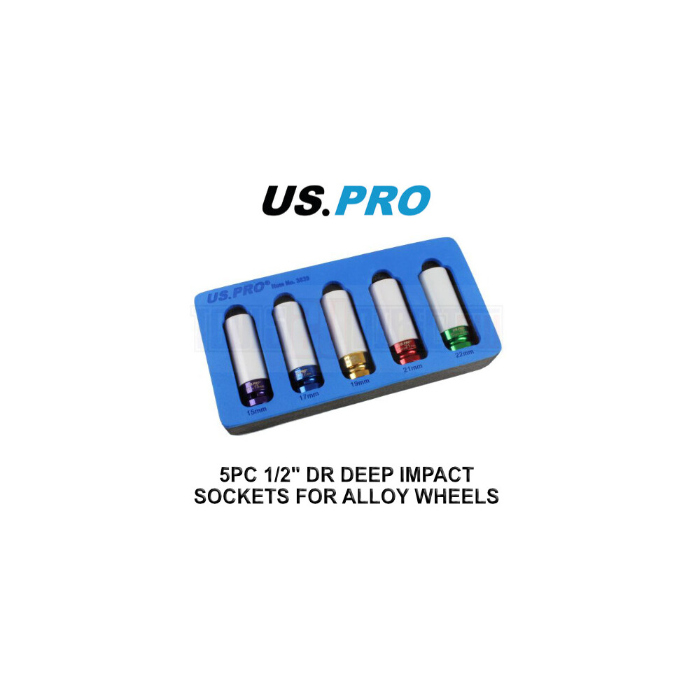 Us Pro Tools 5Pc 1/2" Dr Deep Alloy Wheel Impact Sockets 15 - 22Mm 3839