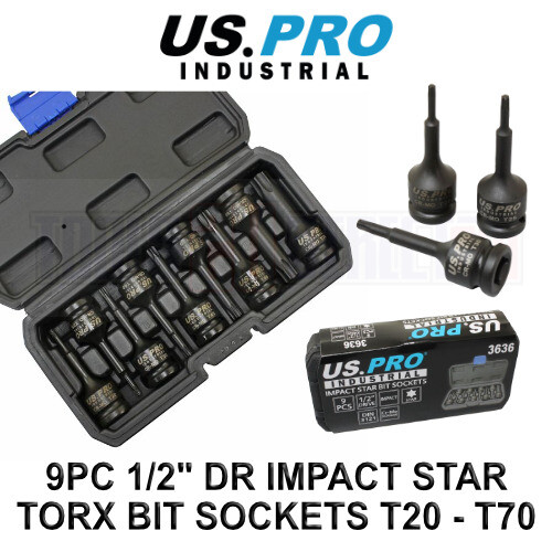 US PRO INDUSTRIAL 9pc 1/2 " dr Impact Torx Star Bit Sockets, Socket Set 3636
