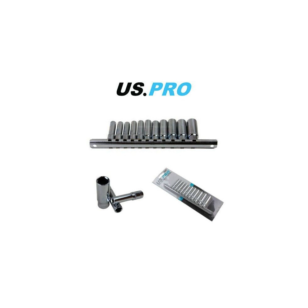 Us Pro Tools 11Pc 1/4" Dr Deep Sae Sockets Single Hex 6 Point On Rail 3247