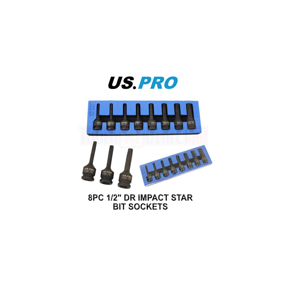 Us Pro Tools 8Pc 1/2" Drive Star Bit Impact Socket Set T30 - T80 Eva Foam 3846 5060848152755