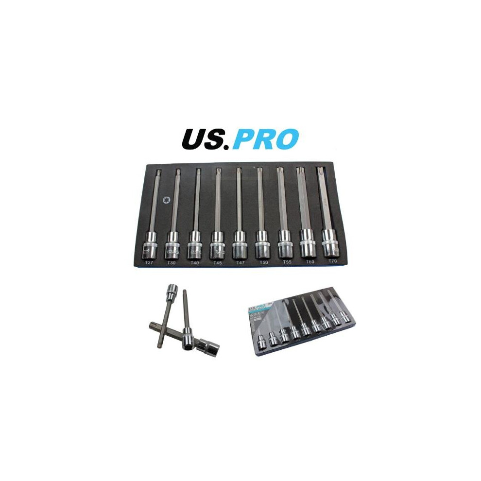 US PRO Tools 1/2" Dr 9 Piece 140mm Long Torx Star Bit Sockets Set T27 - T70 Inc T47 3304