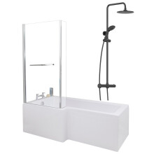 Bathroom L Shaped Shower Bath 1700mm LH Mixer Shower Screen Side Panel White