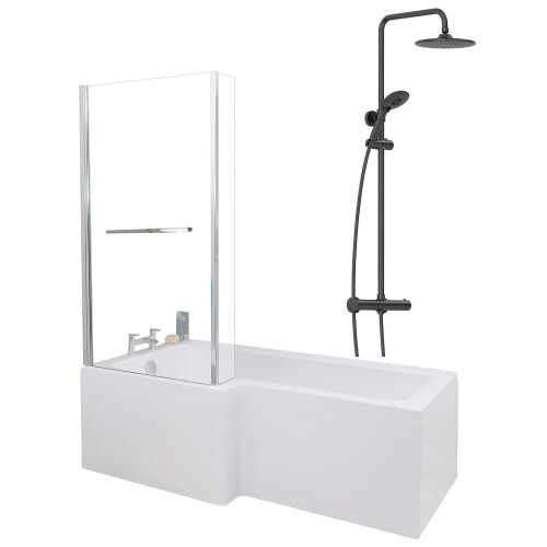 Bathroom L Shaped Shower Bath 1700mm LH Mixer Shower Screen Side Panel White
