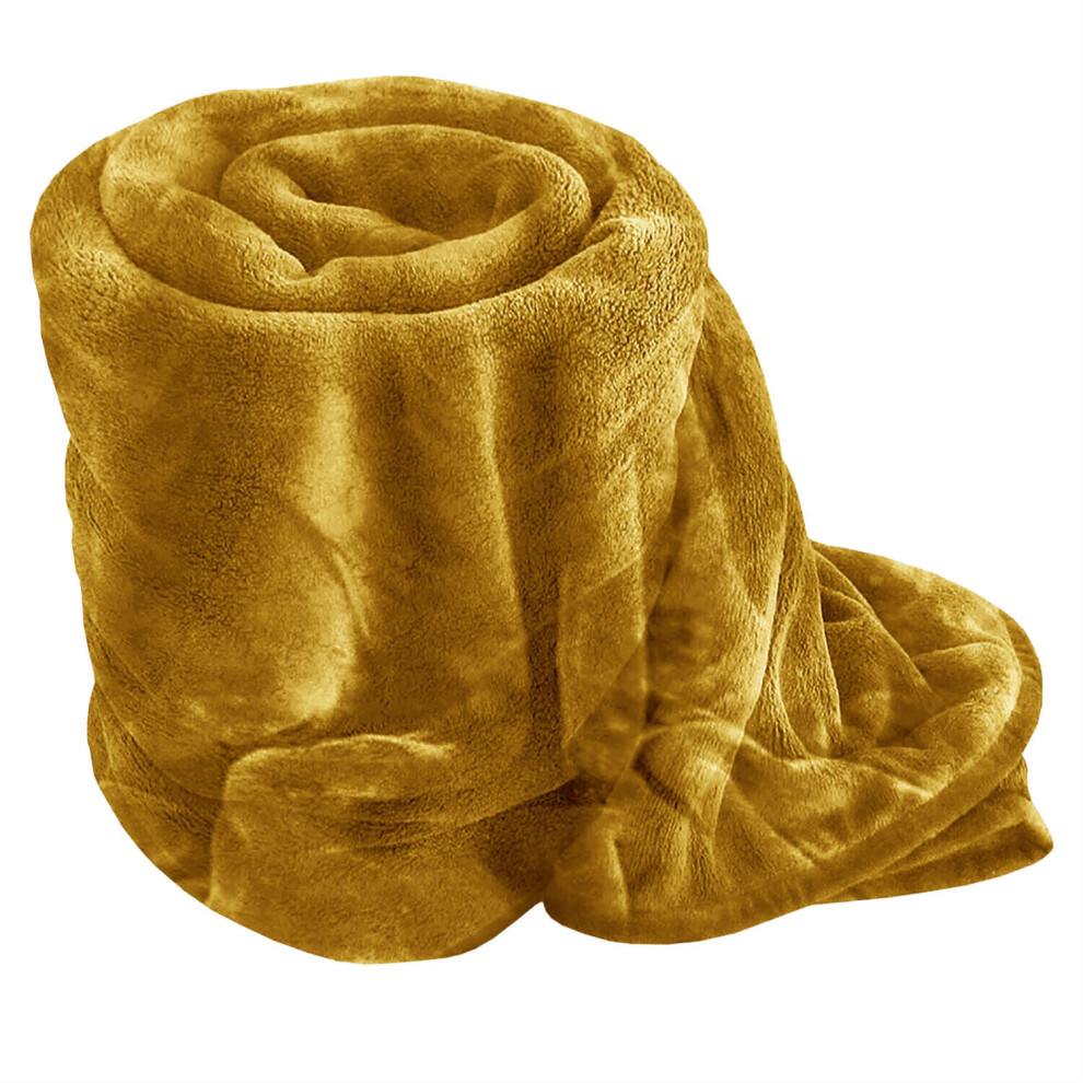 (Mustard, Single: 130 Cm X 150 cm.) Faux Fur Fleece Throw Warm Soft Mink Blanket