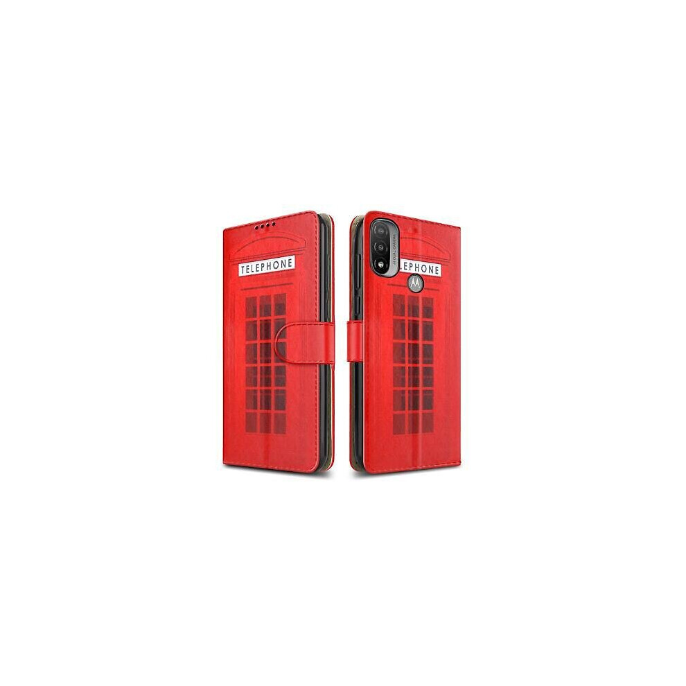 Motorola Moto E20 Case Leather Wallet Phone Cover + Tempered Glass (Telephone Booth Print)