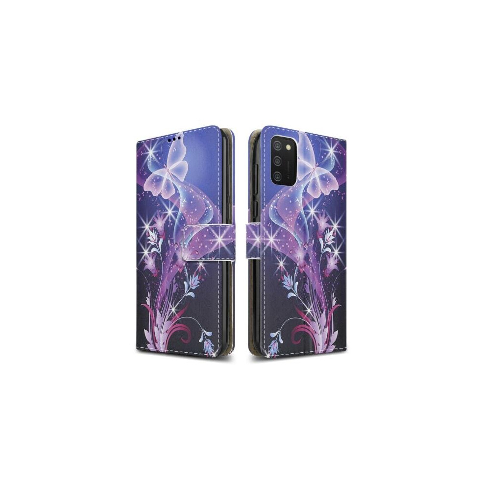 Samsung Galaxy A02S Wallet Case Leather Magnetic Flip Stand Phone Cover ((Blue) Butterfly Print)