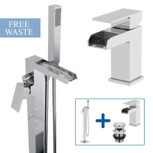 Freestanding Floor Mounted Waterfall Square Bath Shower Mixer & Basin Tap Set