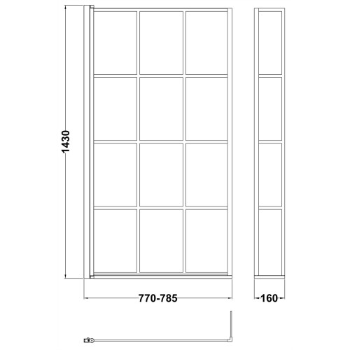 Bath Shower Screen Door Hinged 800mm Black Grid Square 6mm Glass Return Panel 2