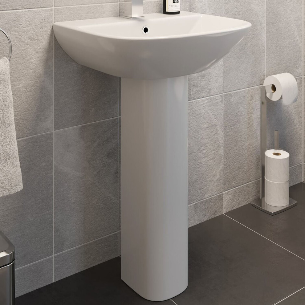 Ceramic Modern Bathroom Basin And Full Pedestal Single Tap Hole Sink White 550Mm 5056093679116
