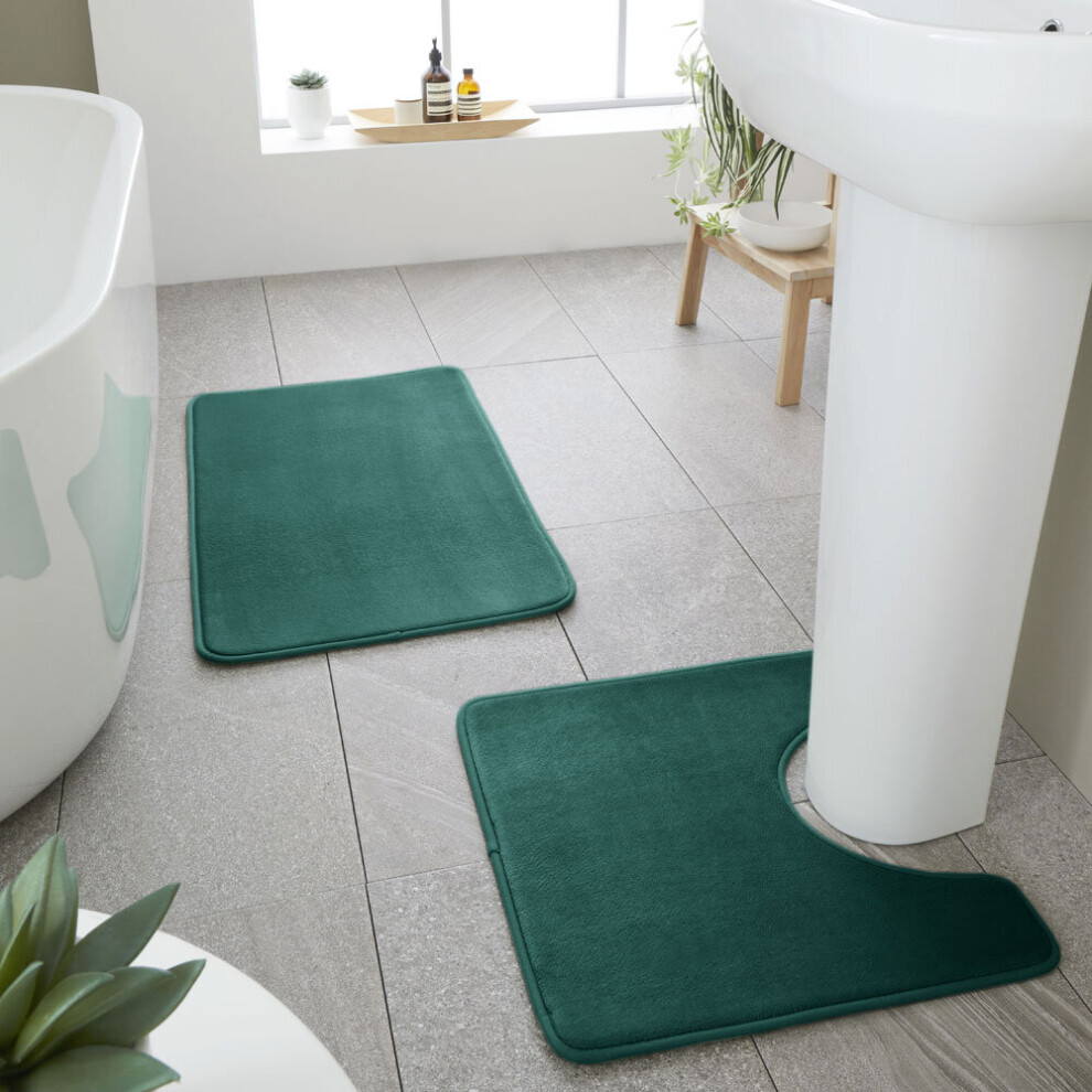 (Forest Green) Catherine Lansfield Anti-Bacterial Memory Foam Bath Mat & Pedestal Mat Set