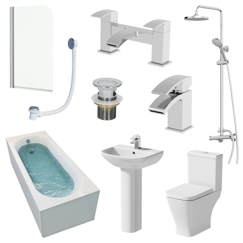 1500mm Single Ended Bathroom Suite Bath Shower Toilet Pedestal Basin Taps Screen