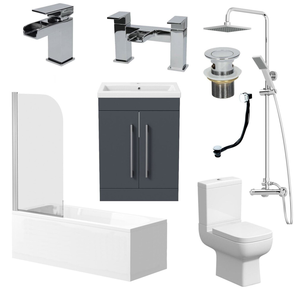 Complete Bathroom Suite 1700 Bath Screen Wc Toilet Vanity Basin Taps Shower Grey 5056093681874