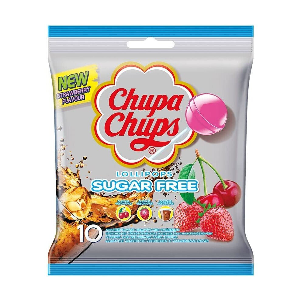 Chupa Chups Sugar Free 10 Lollies 110g Strawberry, Cola and Cherry