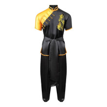 (160 cm) PLAYWELL COMPETITION WUSHU SILK UNIFORM - BLACK/YELLOW