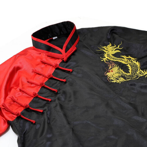 (175 cm) PLAYWELL COMPETITION WUSHU SILK UNIFORM - BLACK/RED 2