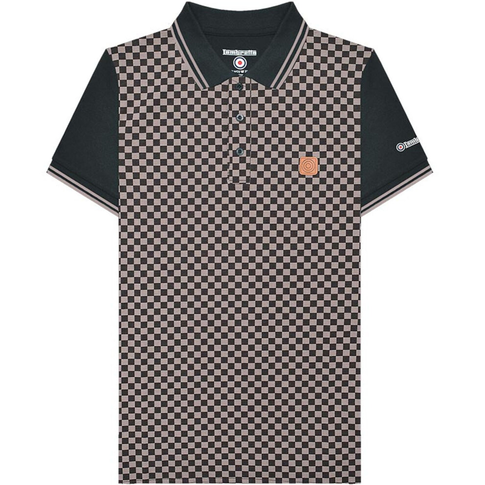 (S, Black/Grey) Lambretta Mens AOP Check Print Short Sleeve 3 Button Polo Shirt Top - Black/Grey