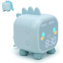 (Blue) Kids Dinosaur Alarm Clock Creative Cartoon Bedside Clock Night Light Rechargeable