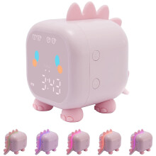 (Pink) Kids Dinosaur Alarm Clock Creative Cartoon Bedside Clock Night Light Rechargeable