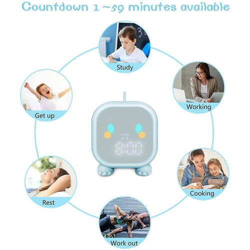 (Blue) Kids Dinosaur Alarm Clock Creative Cartoon Bedside Clock Night Light Rechargeable 1