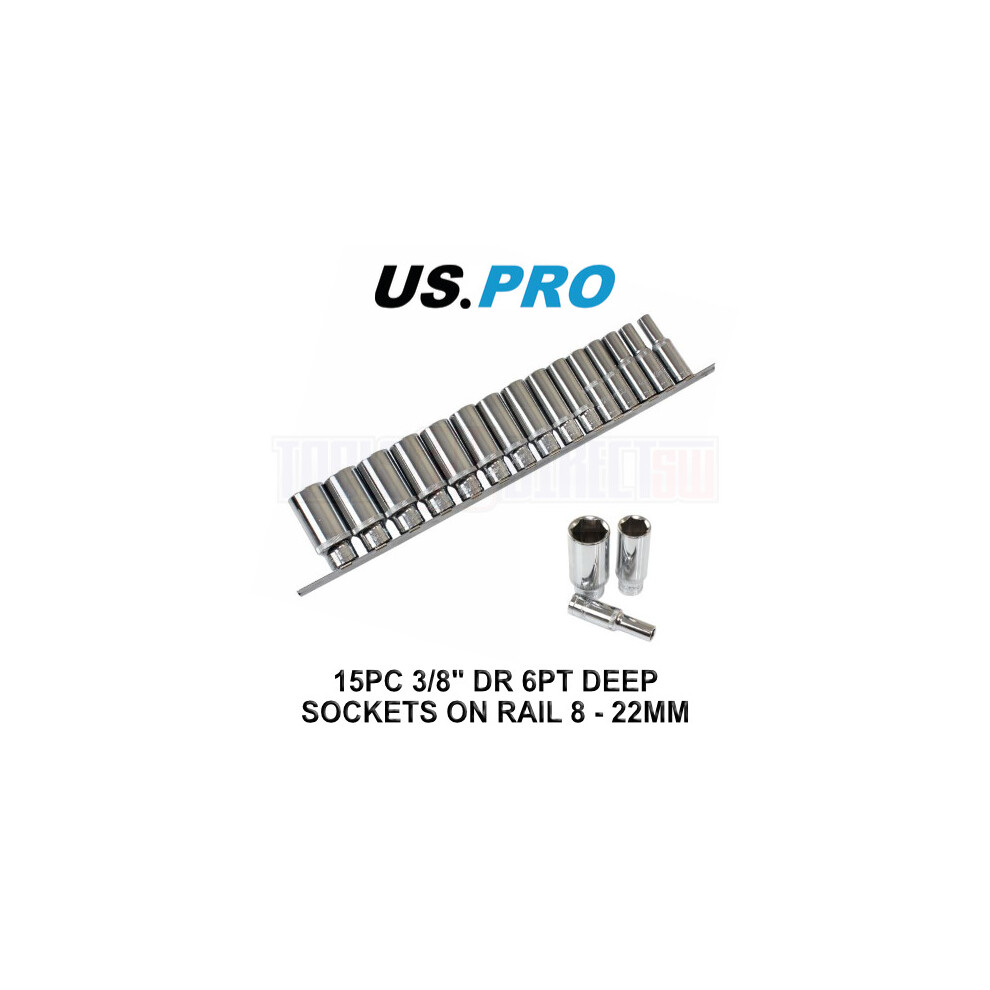 US PRO Tools 15pc 3/8" 6pt Deep Sockets Set On Rail 8 to 22mm 3648