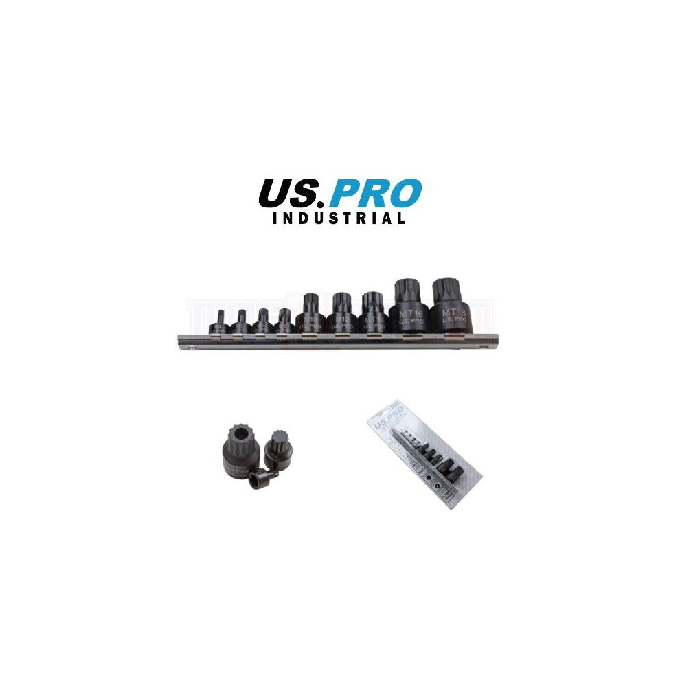 US PRO INDUSTRIAL 9pc 1/4" - 3/8" - 1/2" dr Stubby Impact Triple Square Spline Bit Sockets M4 - MT18 3422