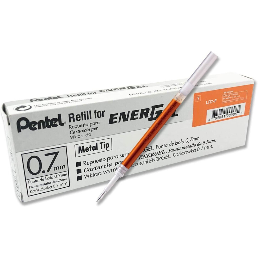 Pentel Energel 0.7mm Refill Metal Tip LR7- Fits BL77/BL57/BL37 - Orange - Pack of 12