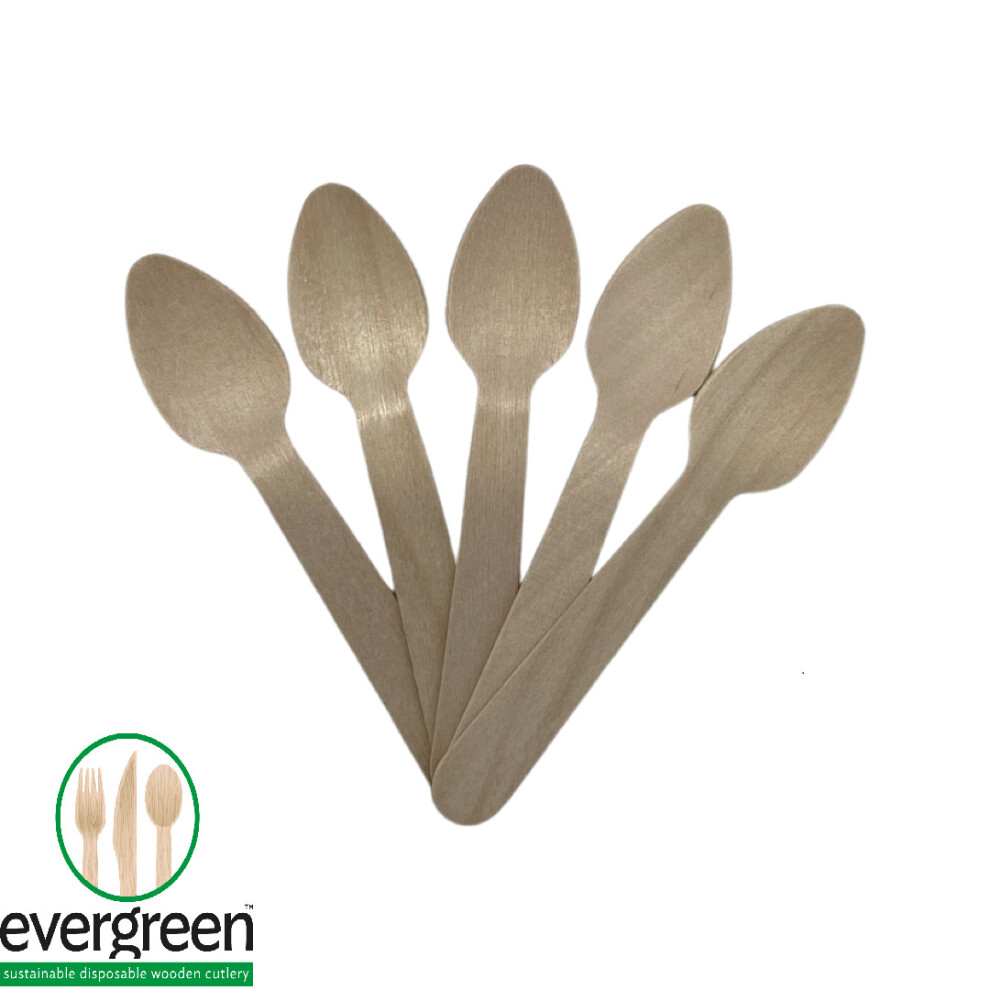Evergreen (100Pcs Teaspoons) Biodegradable Wooden Cutlery - Knives, Forks, Spoons - Pack Of 100