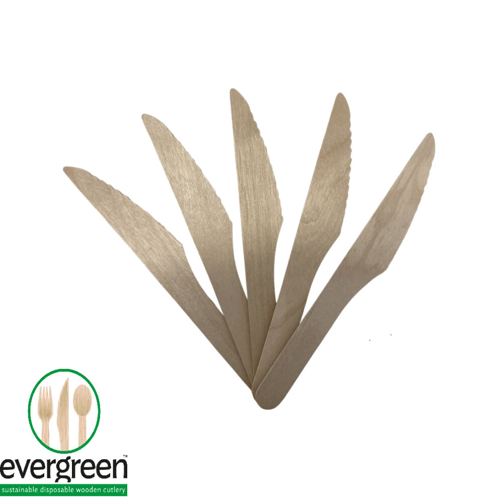 Evergreen (100Pcs Knives) Biodegradable Wooden Cutlery - Knives, Forks, Spoons - Pack Of 100