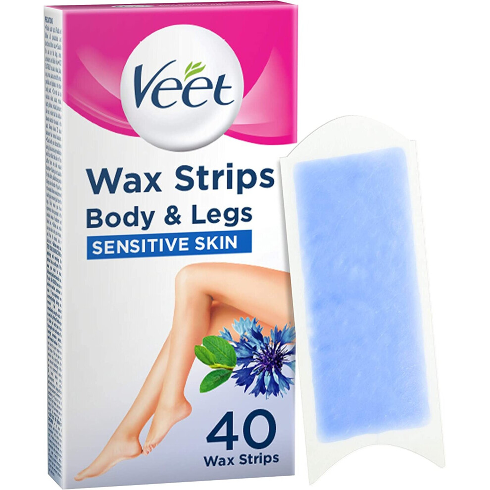 Veet Body And Legs Cold Wax Strips For Sensitive Skin, With Almond Oil And Vitamin E, Pack Of 40 Wax Strips (20 Double Sided Strips)