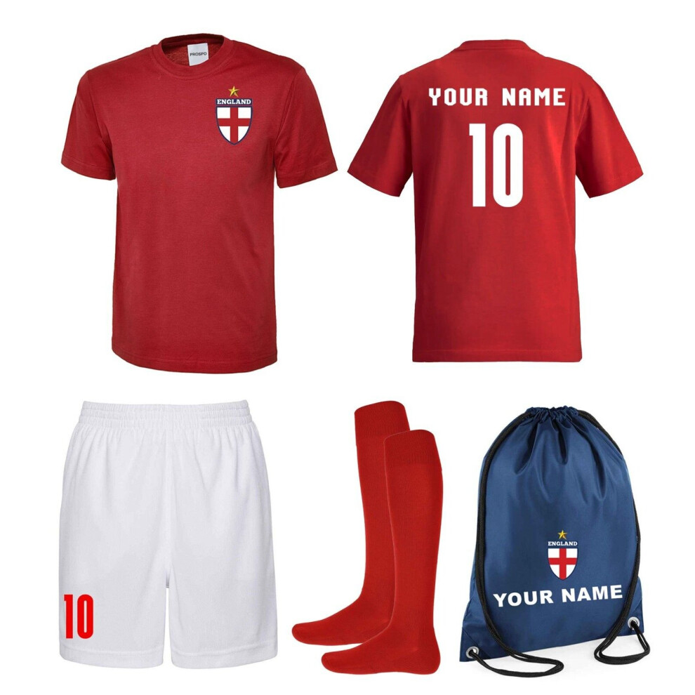 (12-13 Years) Personalised Kids England Style Away Youth Football Kit Shirt Shorts Socks & Bag