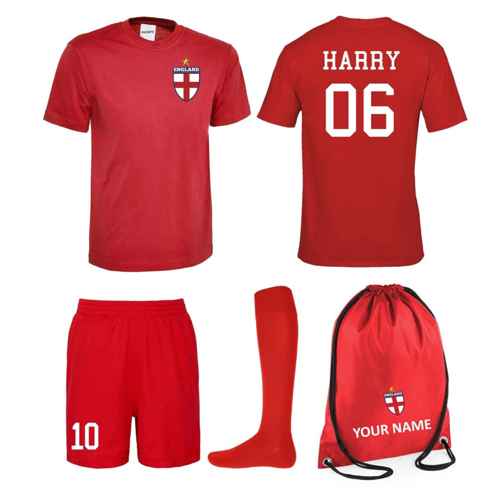 (7-8 Years) Kids Personalised Red England Style Away Football Kit Customised Youth Jersey