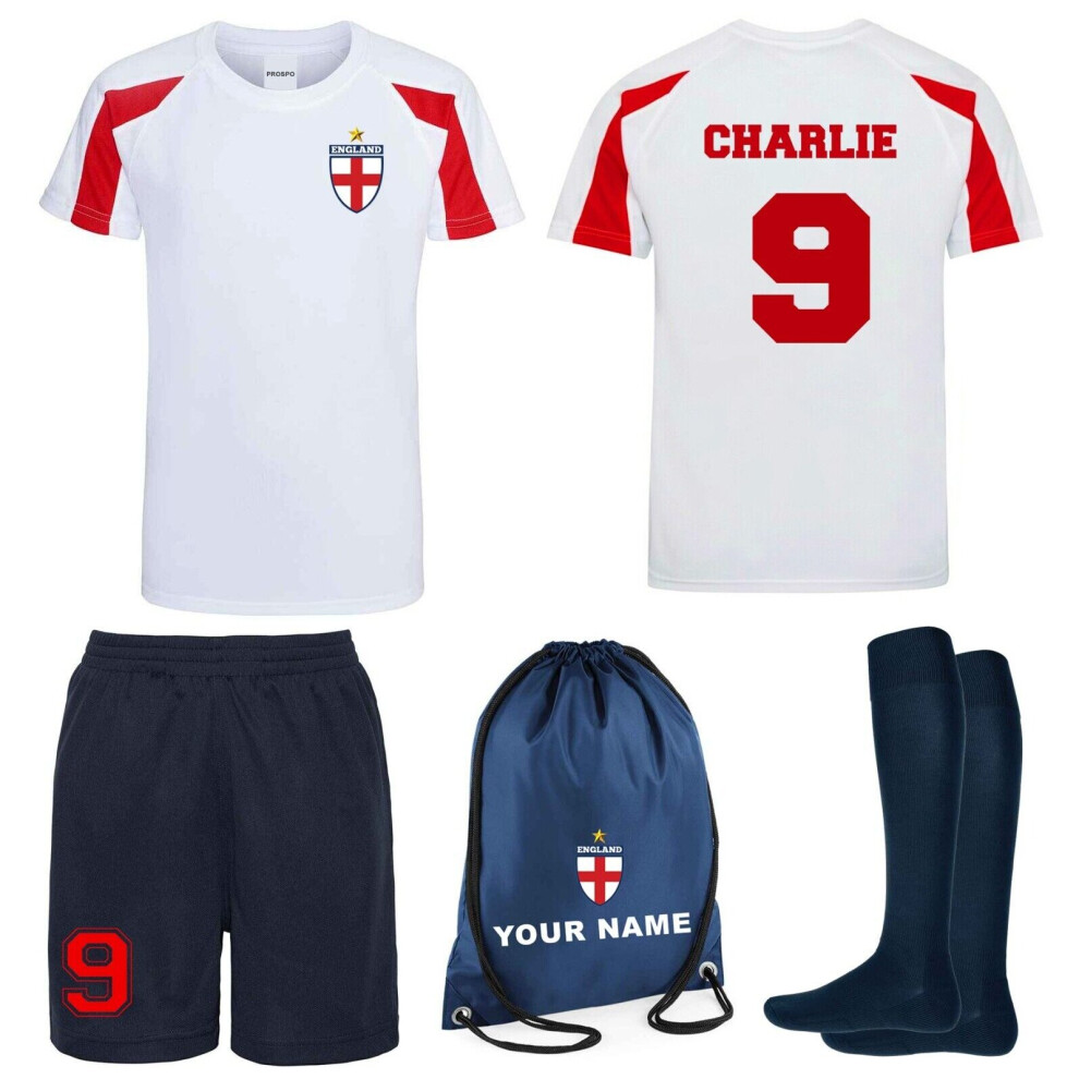 (7-8 Years) Personalised Kids England Badge Style Away Football Kit Shirt Shorts Socks & Bag