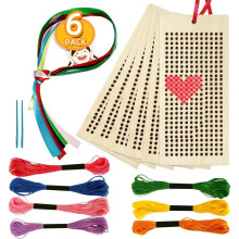 Wooden Bookmark Cross Stitch Kits for Beginners, 6 Pack Embroidery Set with Thread for Kids- Cross Stitch Bookmark/Threads, Plastic Needles & Ribbons,