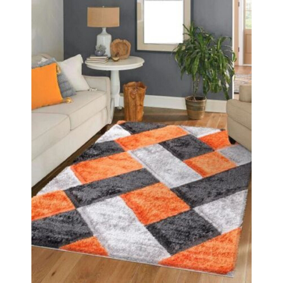 (Orange (ORION), 120 x 170 cm) New Soft Shaggy Modern Indoor/Outdoor Bedroom Rug Living Room Carpet Runner Mats