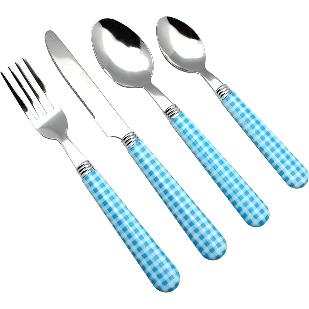 EXZACT Cutlery Set 24pcs Stainless Steel with Gingham Check Coloured Handles - 6 x Forks, 6 x Dinner Knives, 6 x Table Spoons, 6 x Tea Spoons (Blue x