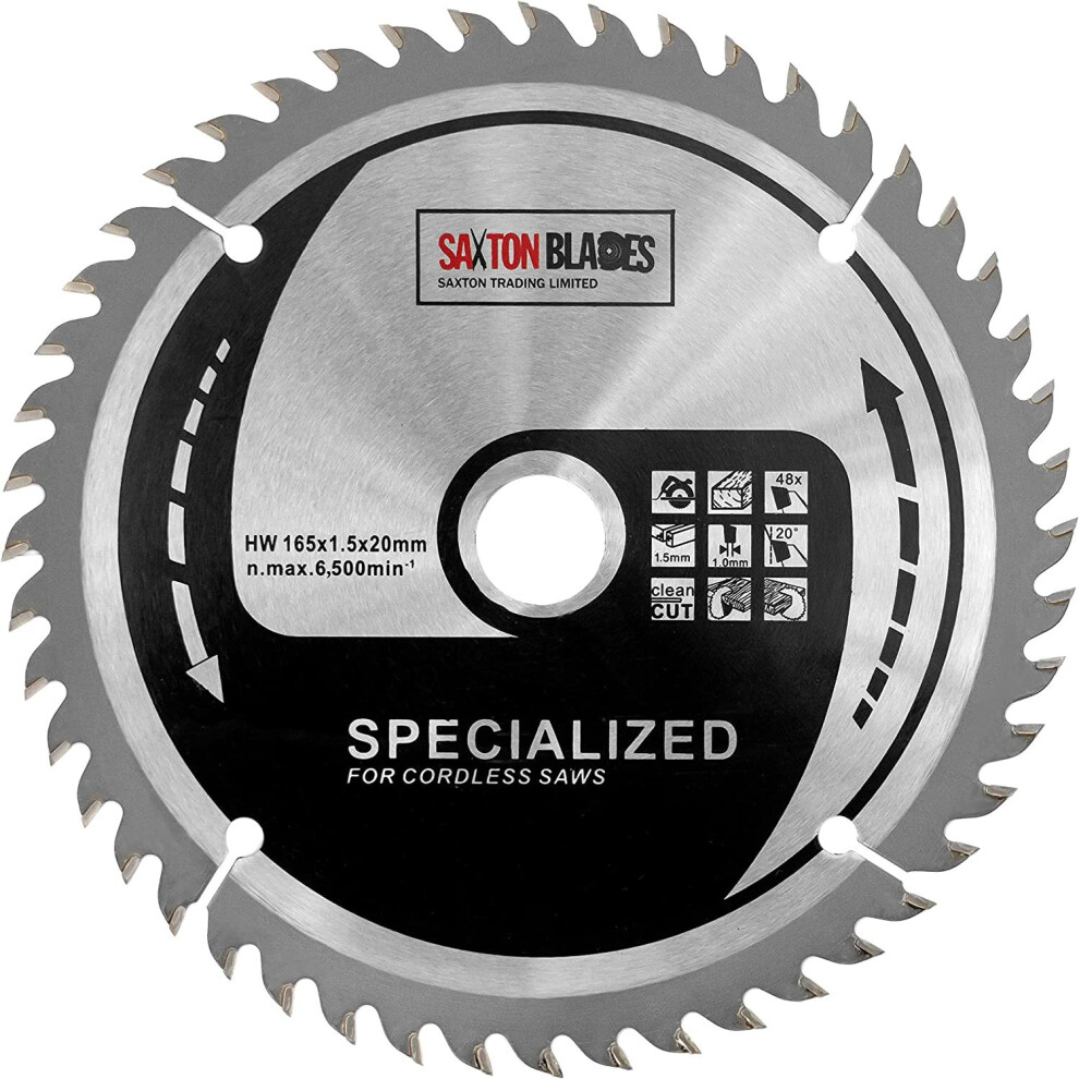 TCT16548T Saxton 165mm x 48t TCT Thin Kerf Cordless Circular Saw Blade Compatible With Dewalt Makita Ryobi Bosch