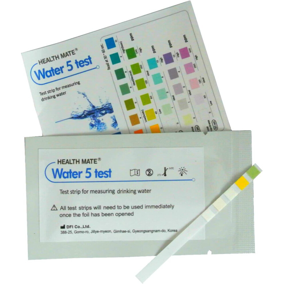 Water Test Kits for Drink Water, Hardness Testing Strips, Alkalinity, Chlorine, pH Tester (5 Test Strips)