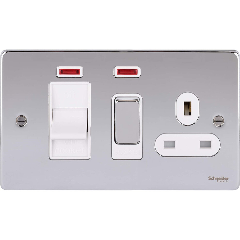 Schneider Electric Ultimate Low Profile - Switched Cooker Control Unit with Single Power Socket, Neon Indicator, 45A, GU4501WPC, Polished Chrome with