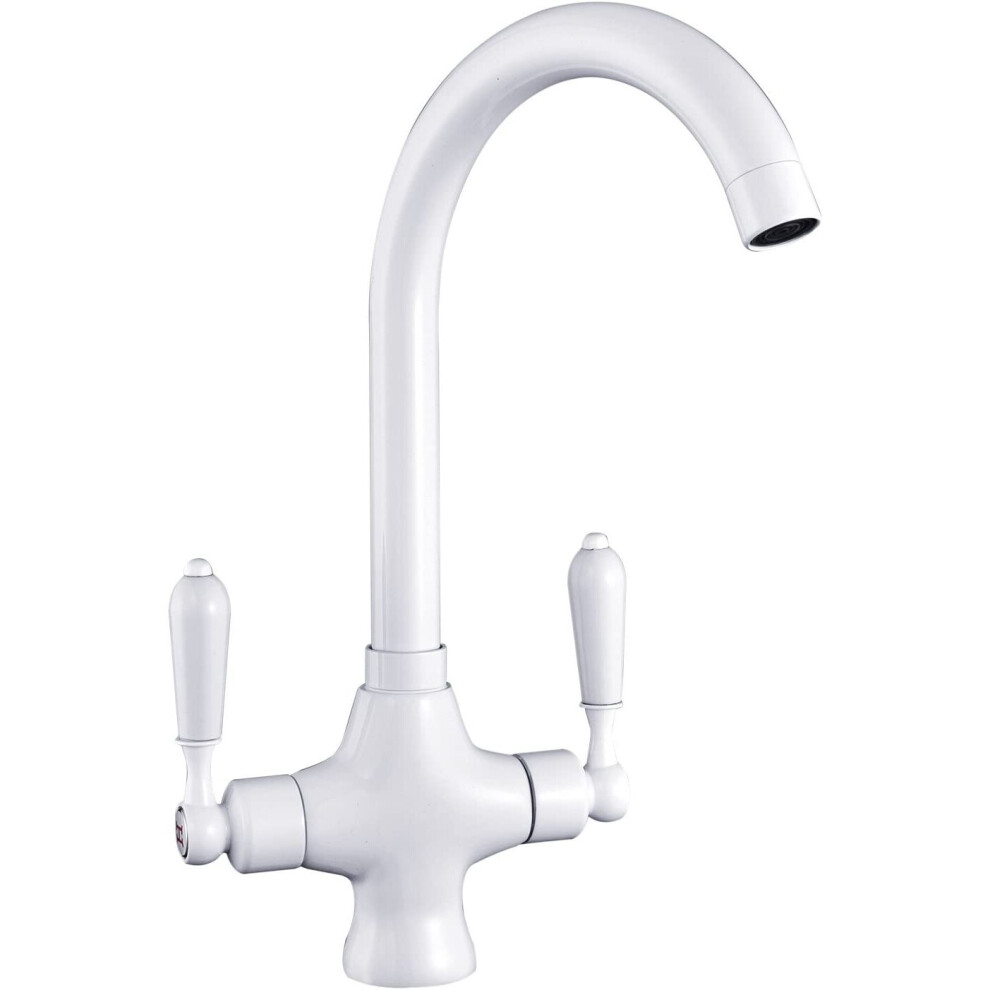 Funime Traditional Kitchen Sink Mixer Taps White Elegant Ceramic Dual Lever Monobloc Swivel Spout Chrome Brass with Free Hoses, DT35F