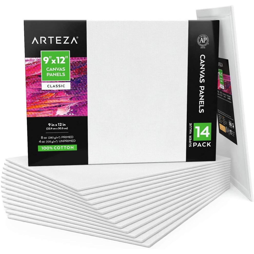 Arteza 23 x 30 cm (9"x12") Blank Canvas Board Panels, Bulk Pack of 14, Primed, 100% Cotton for Acrylic Painting, Oil Paint & Wet Art Media, Art