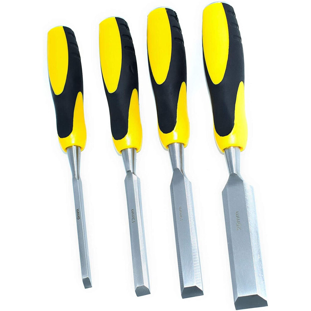 Wood Chisel Set - 4 Pieces,Wood Woodworking Carbon Steel Anti Slip Grip Striking Cap Chisel Set- Grip Colour May Vary 728350991525